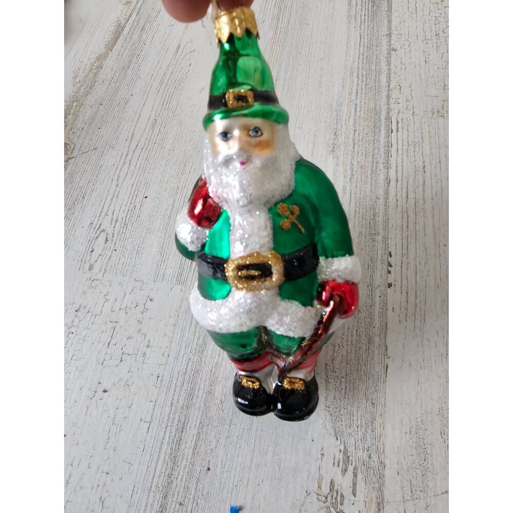Glass green leprechaun Santa ornament Poland St Patrick's Day Xmas tree